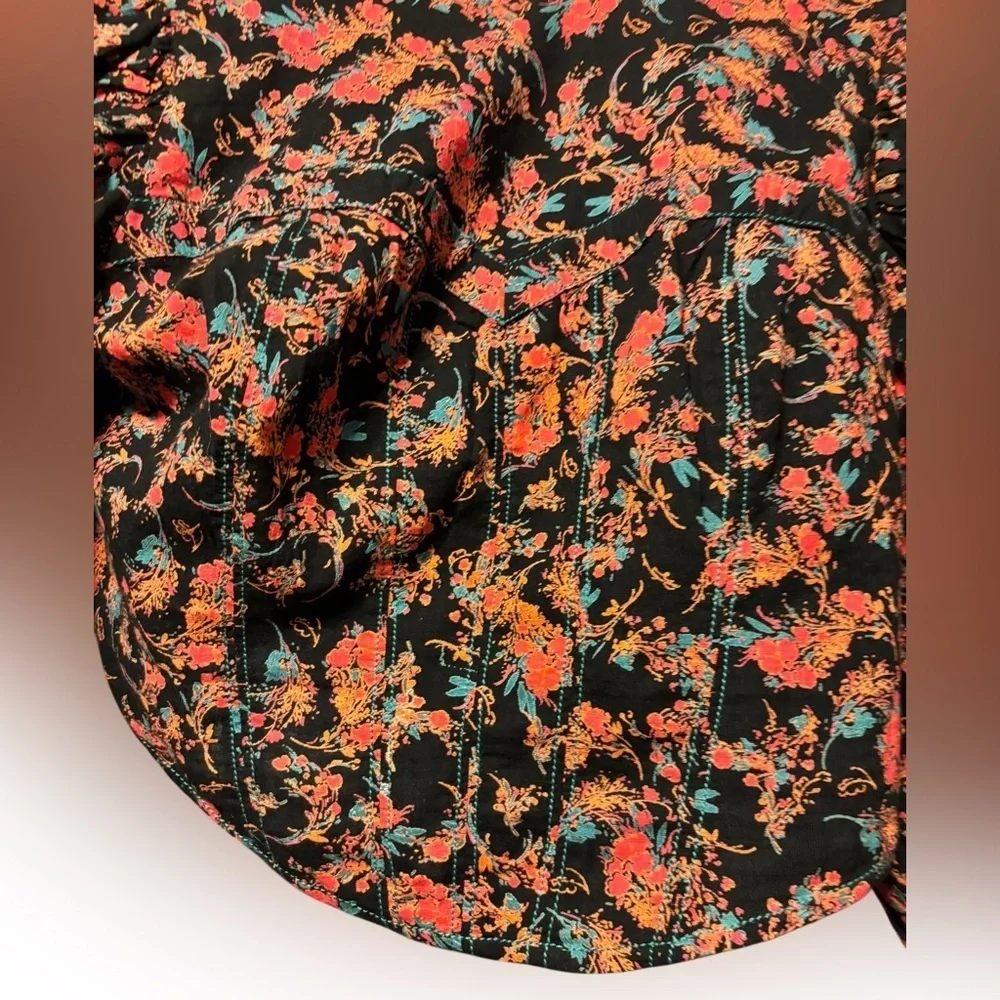 Free People Black Pink Floral Cropped Corset Top Open Back Puff Sleeve Size Sm